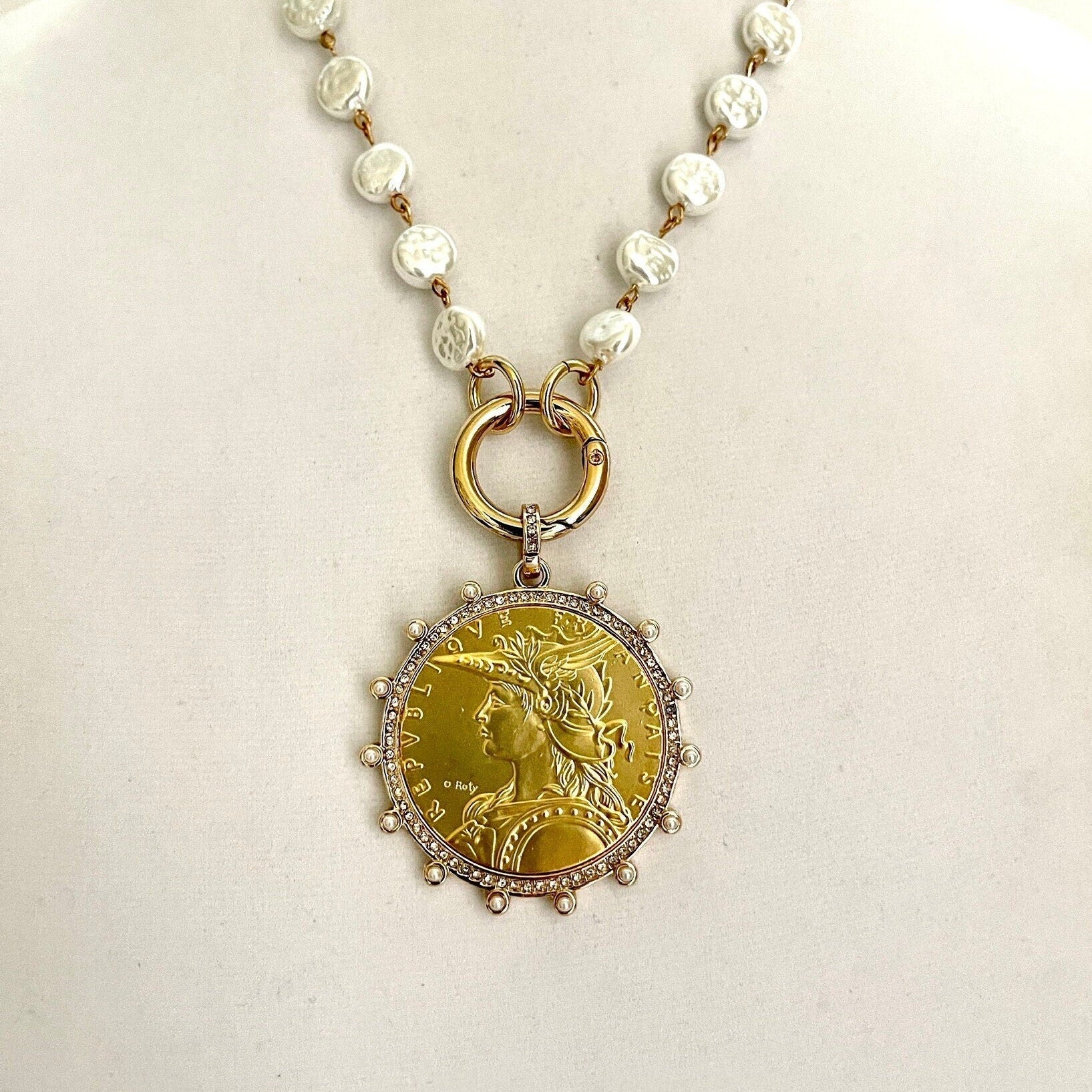Gold Reproduction French Coin Necklace-Cubic Zirconia and Pearl Bezel