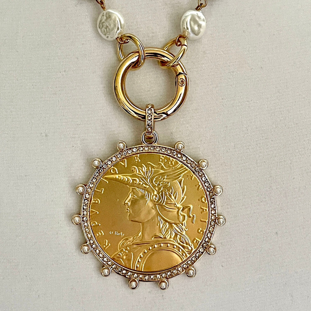 Gold Reproduction French Coin Necklace-Cubic Zirconia and Pearl Bezel