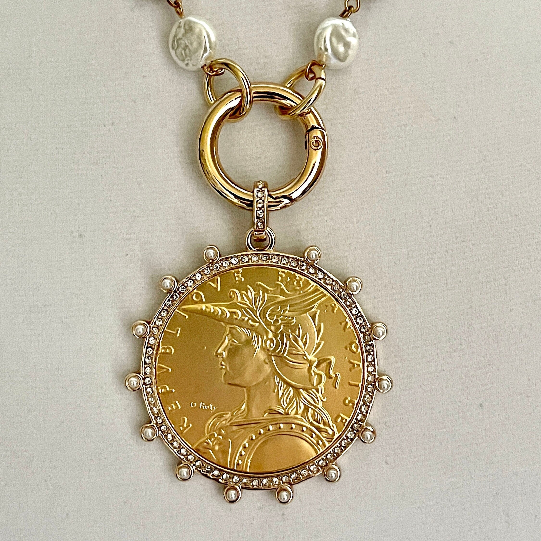 Gold Reproduction French Coin Necklace-Cubic Zirconia and Pearl Bezel