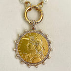 Gold French Coin Necklace: CZ, Pearl Bezel & Porcelain Chain
