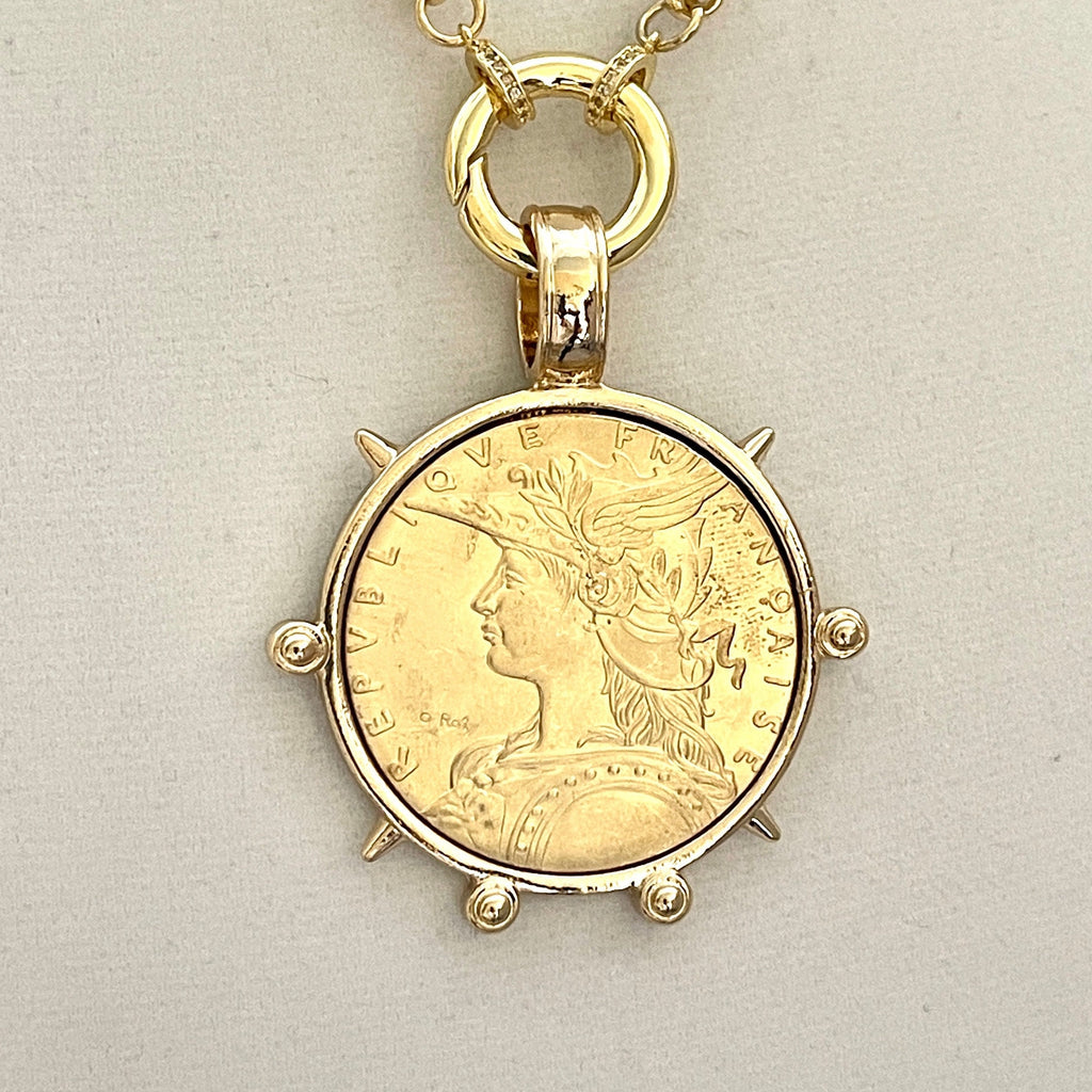 Gold French Coin Pendant Necklace, Art Deco Reproduction Jewelry