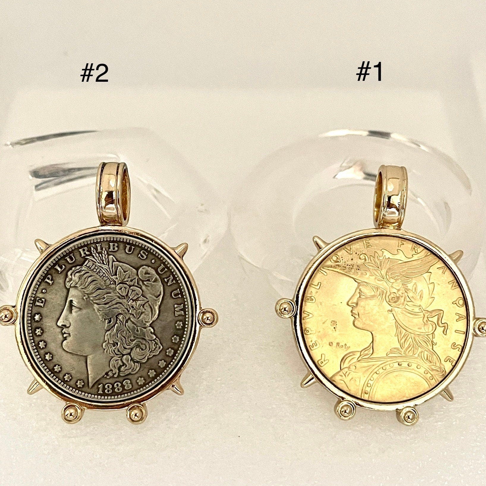 Gold French Coin Pendant Necklace, Art Deco Reproduction Jewelry