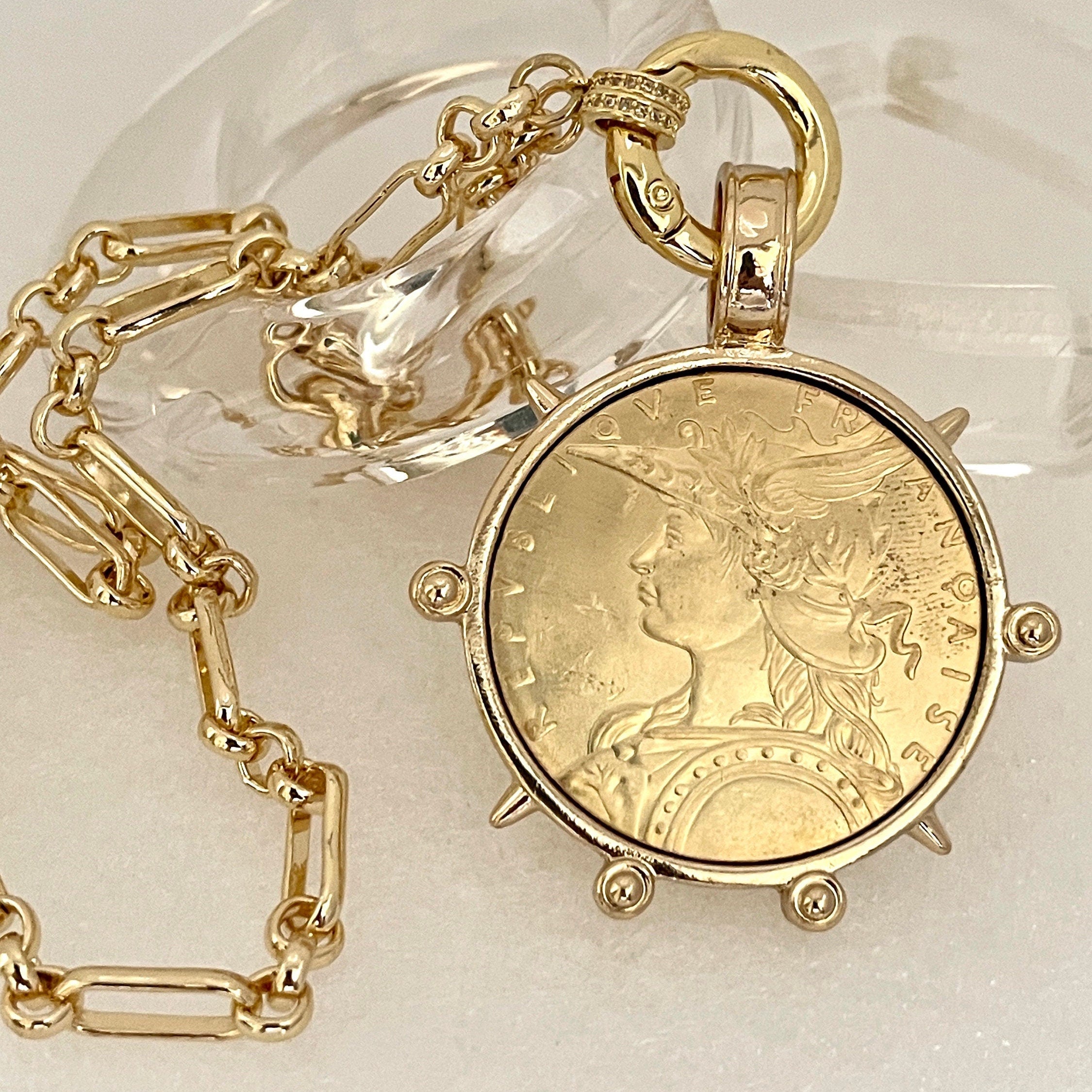 Gold French Coin Pendant Necklace, Art Deco Reproduction Jewelry
