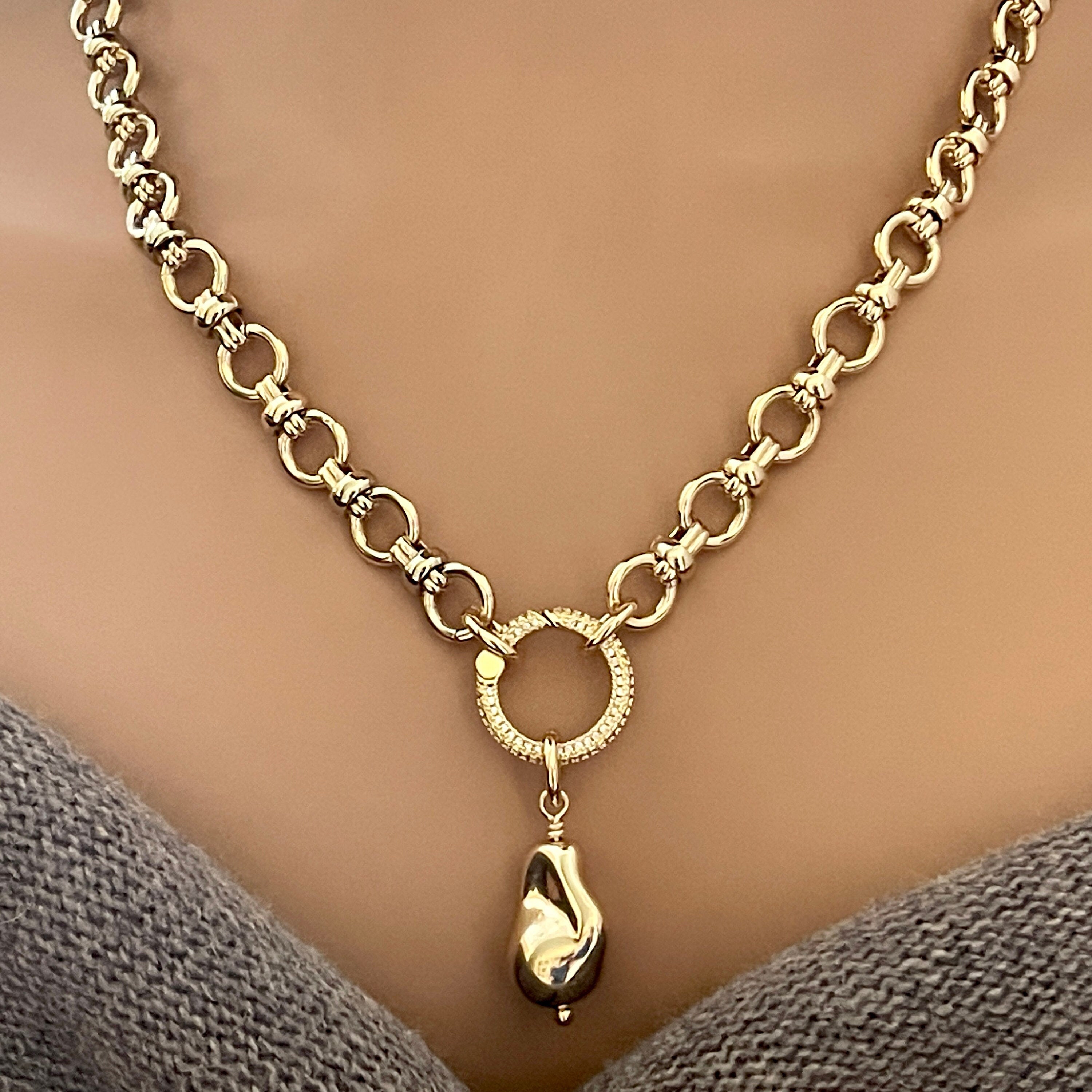 Gold Cable Chain Necklace- Hand Wired Replica Baroque Pearl Pendant-Micro Pave Spring Ring Clasp-Gift For Her