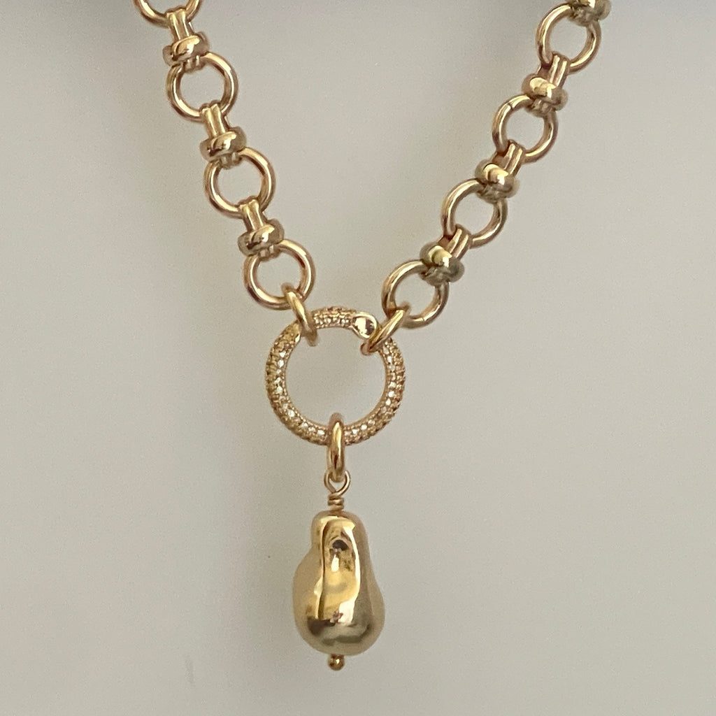 Gold Cable Chain Necklace- Hand Wired Replica Baroque Pearl Pendant-Micro Pave Spring Ring Clasp-Gift For Her
