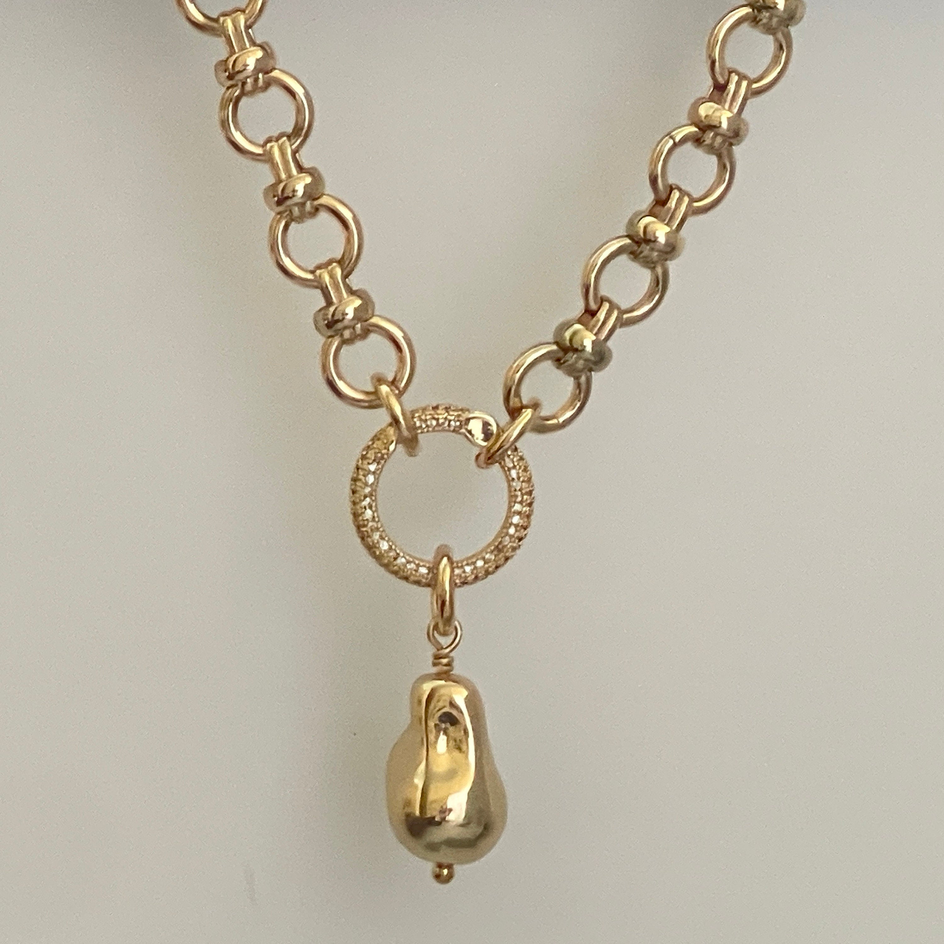 Gold Cable Chain Necklace- Hand Wired Replica Baroque Pearl Pendant-Micro Pave Spring Ring Clasp-Gift For Her