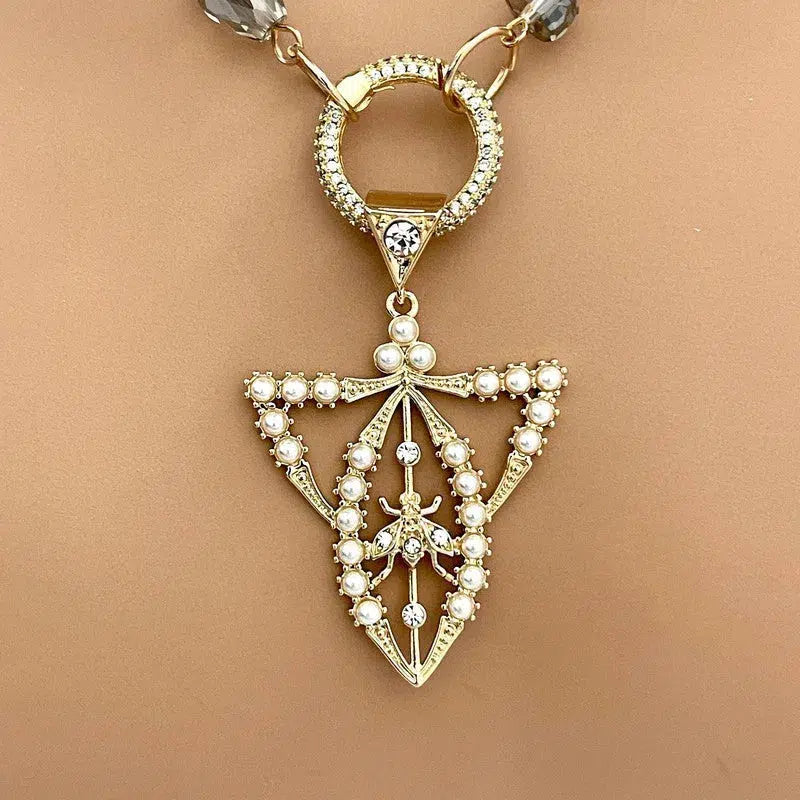 Crystal Transparent Rosary Chain-Edwardian Paste Fly Pendant-Gold Pearl Pendant Necklace-Micro Pave Spring Lock Clasp-Removable Pendant