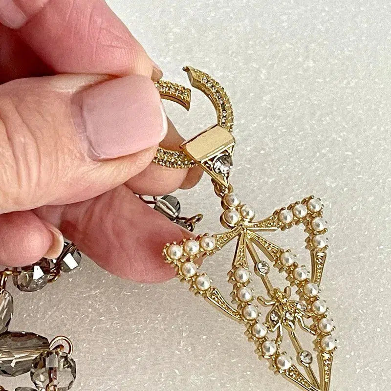 Crystal Transparent Rosary Chain-Edwardian Paste Fly Pendant-Gold Pearl Pendant Necklace-Micro Pave Spring Lock Clasp-Removable Pendant