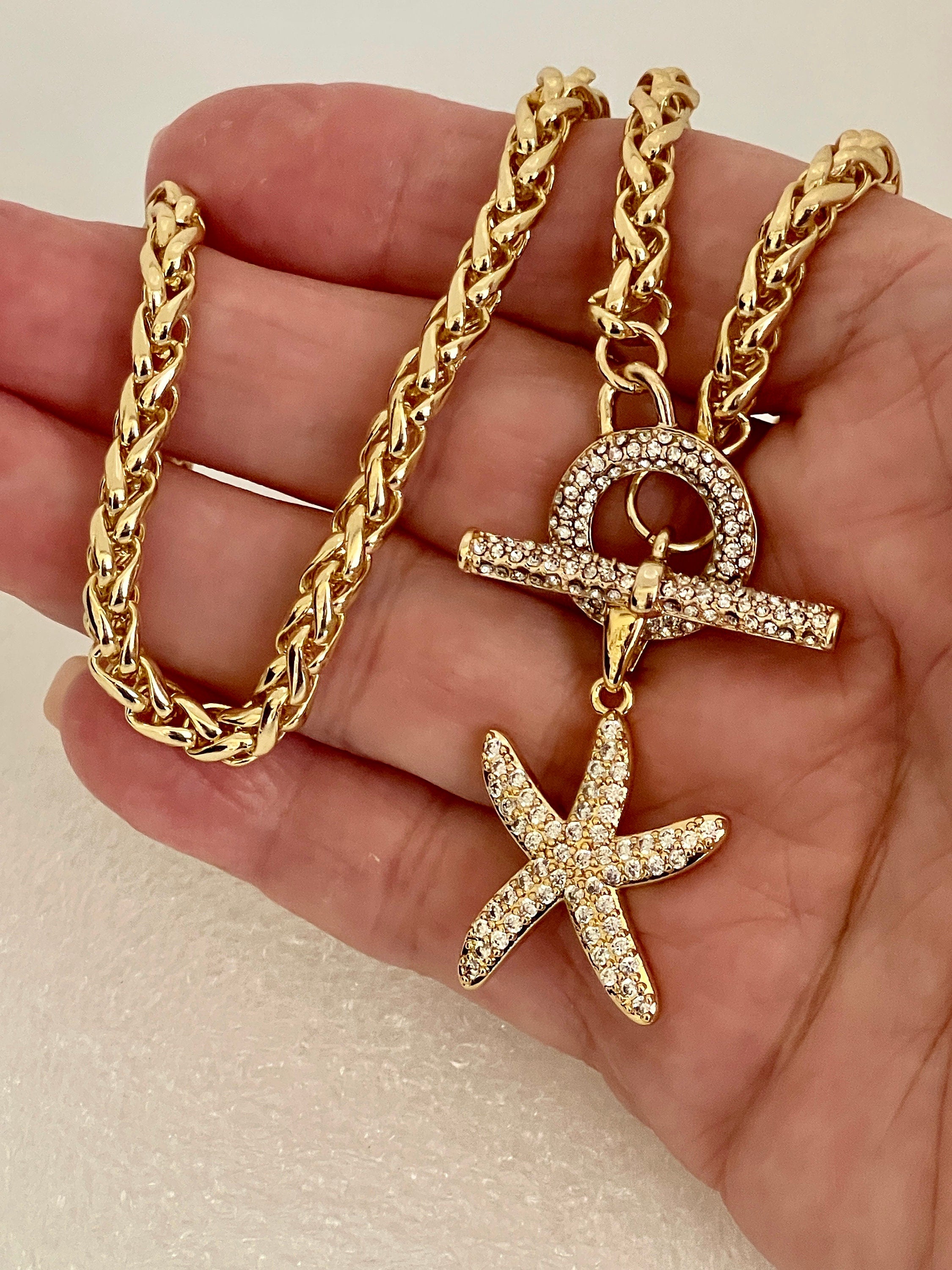 Gold Starfish Pendant Necklace – CZ Toggle Clasp, Wheat Rope Chain
