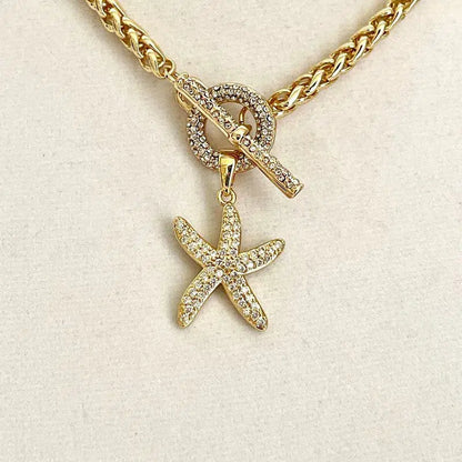 Gold Chunky Rope Chain Necklace-Micro Pave Starfish Pendant-Micro Pave Toggle Clasp-Wheat Rope Chain-Gift For Her