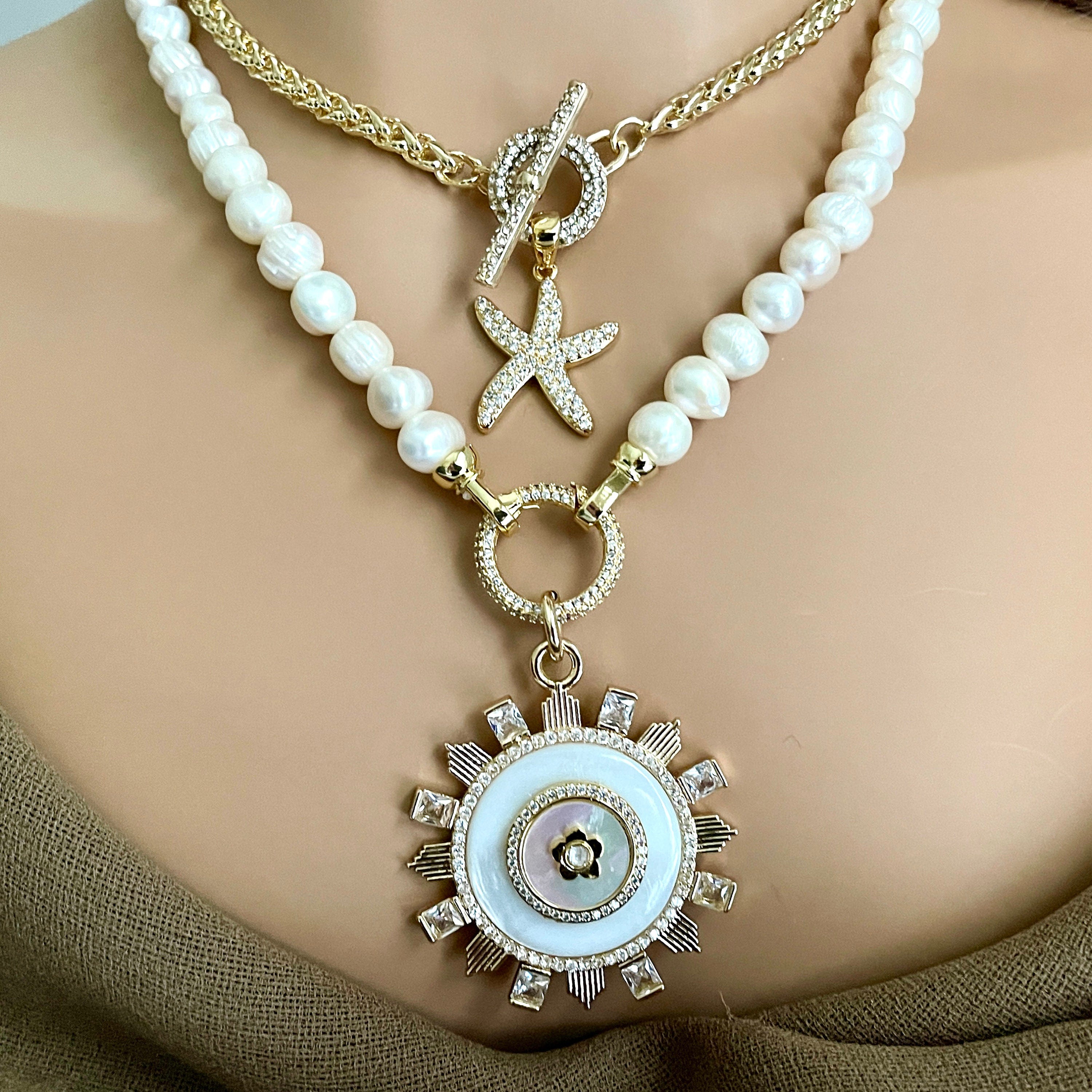 Gold Starfish Pendant Necklace – CZ Toggle Clasp, Wheat Rope Chain