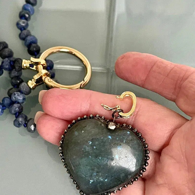 Lapis Lazuli Rondelle Necklace-Labradorite Heart Shaped Pendant-Semi-Precious Stones-17in length-Gold Spring Lock Clasp-Gift For Her