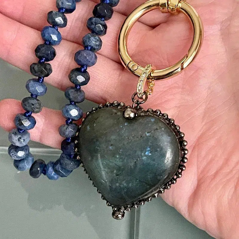 Lapis Lazuli Rondelle Necklace-Labradorite Heart Shaped Pendant-Semi-Precious Stones-17in length-Gold Spring Lock Clasp-Gift For Her