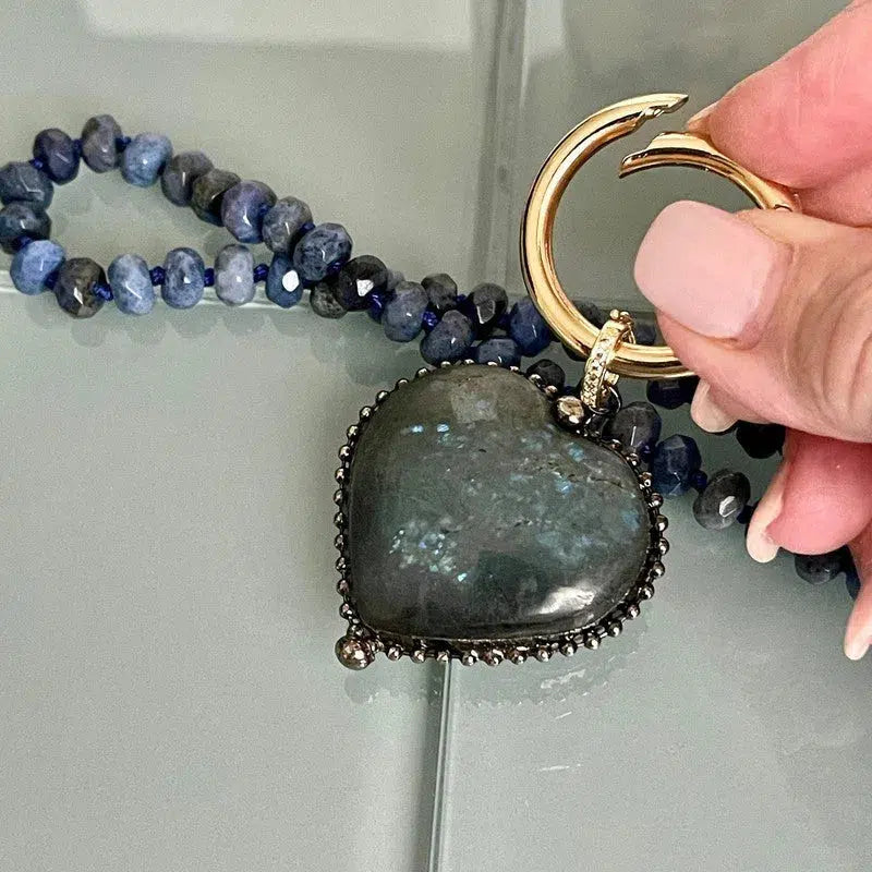 Lapis Lazuli Rondelle Necklace-Labradorite Heart Shaped Pendant-Semi-Precious Stones-17in length-Gold Spring Lock Clasp-Gift For Her