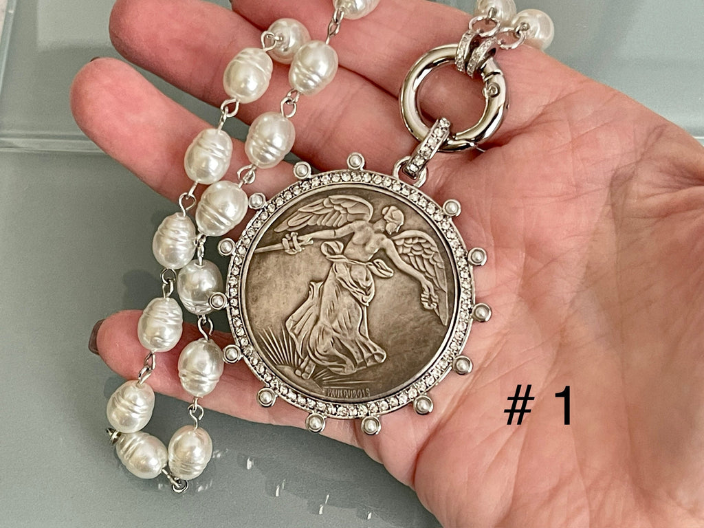 Silver Reproduction Coin Pendant-Porcelain Replica Pearl Necklace-Choice Of 3 Coins-Bezel w/Pearl and CZ-Silver CZ Spring Lock Clasp