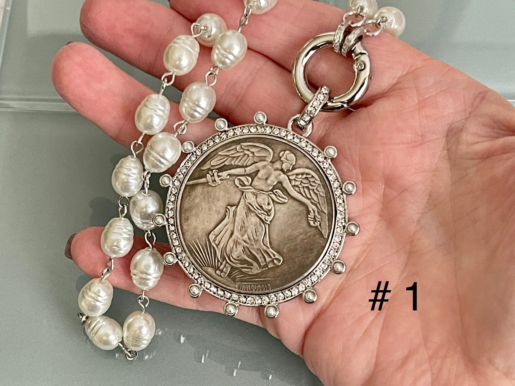 Silver Coin Pendant Necklace: CZ Bezel, Replica Pearl Chain