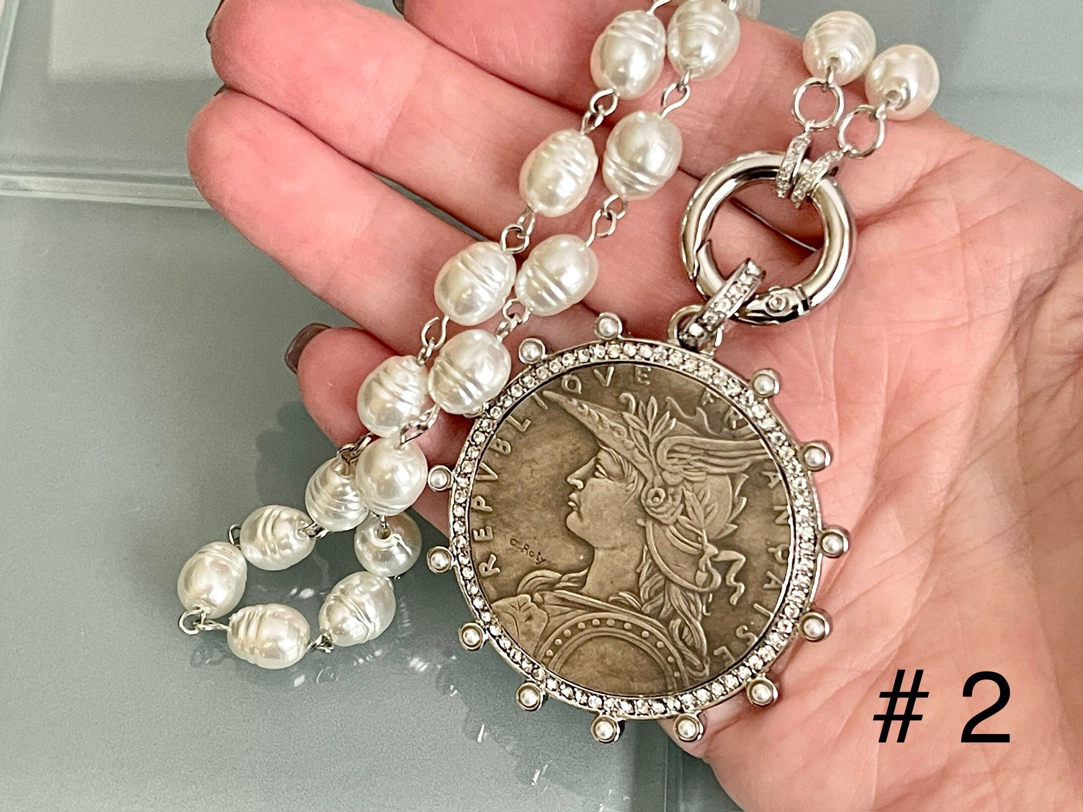 Silver Reproduction Coin Pendant-Porcelain Replica Pearl Necklace-Choice Of 3 Coins-Bezel w/Pearl and CZ-Silver CZ Spring Lock Clasp