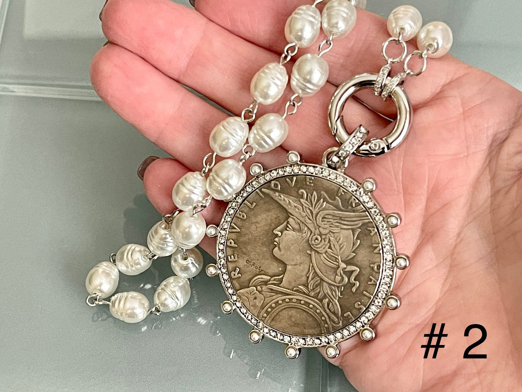 Reproduction Coin Pendant Necklace, CZ & Pearl Bezel - Choice of Coin