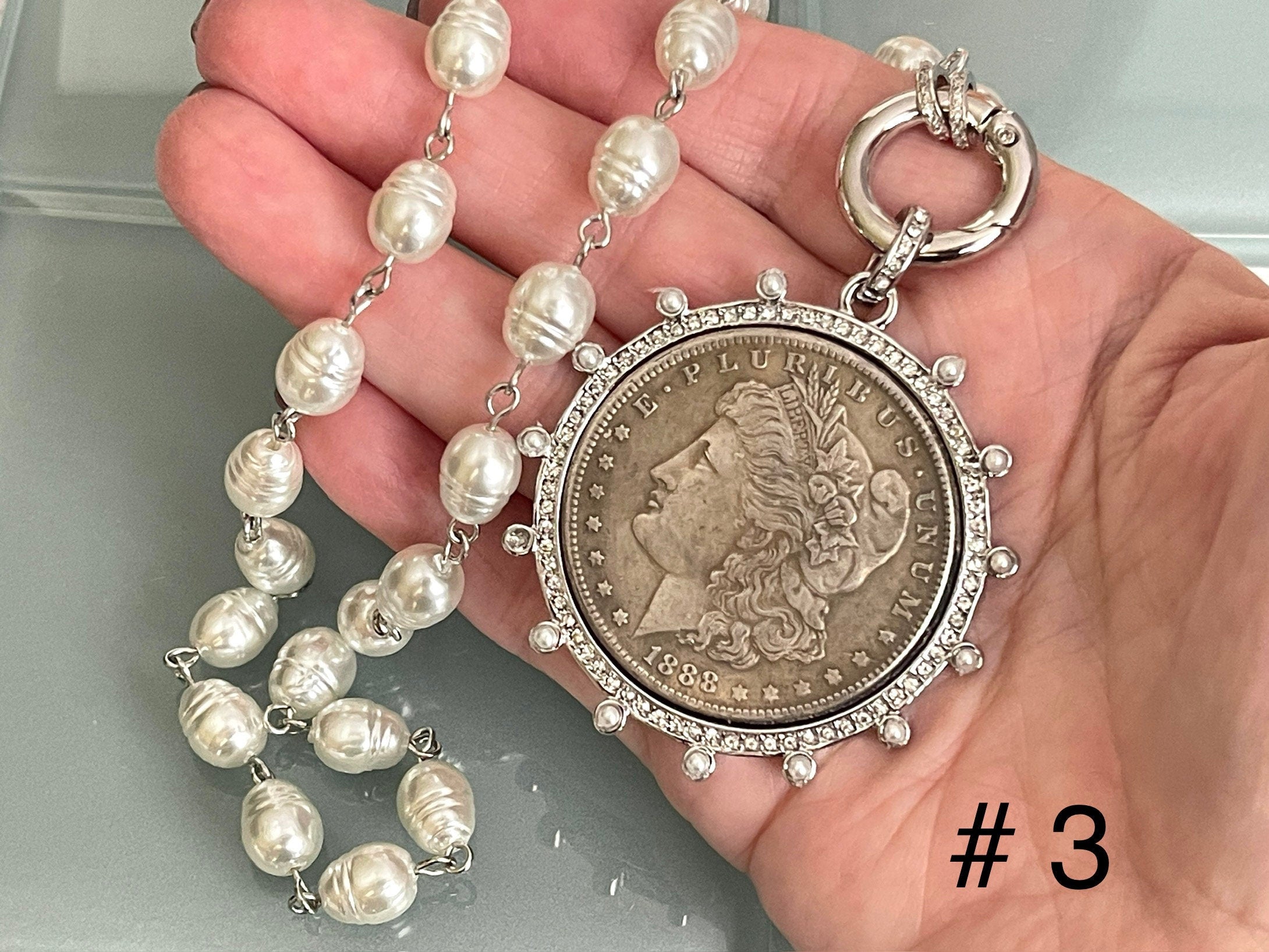 Silver Coin Pendant Necklace: Reproduction French Medal, CZ & Pearl Bezel