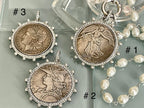 Silver Coin Pendant Necklace: CZ Bezel, Replica Pearl Chain