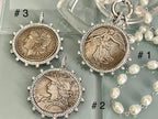 Reproduction Coin Pendant Necklace: CZ & Pearl Bezel, Silver Clasp