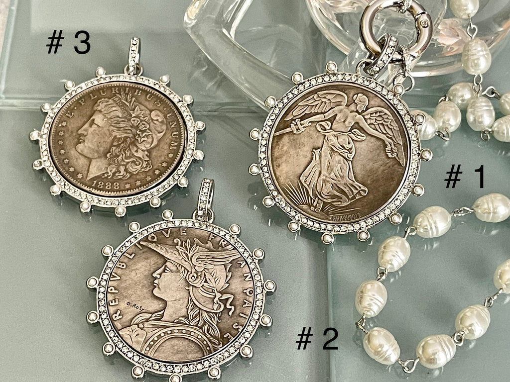 Reproduction Coin Pendant Necklace, CZ & Pearl Bezel - Choice of Coin