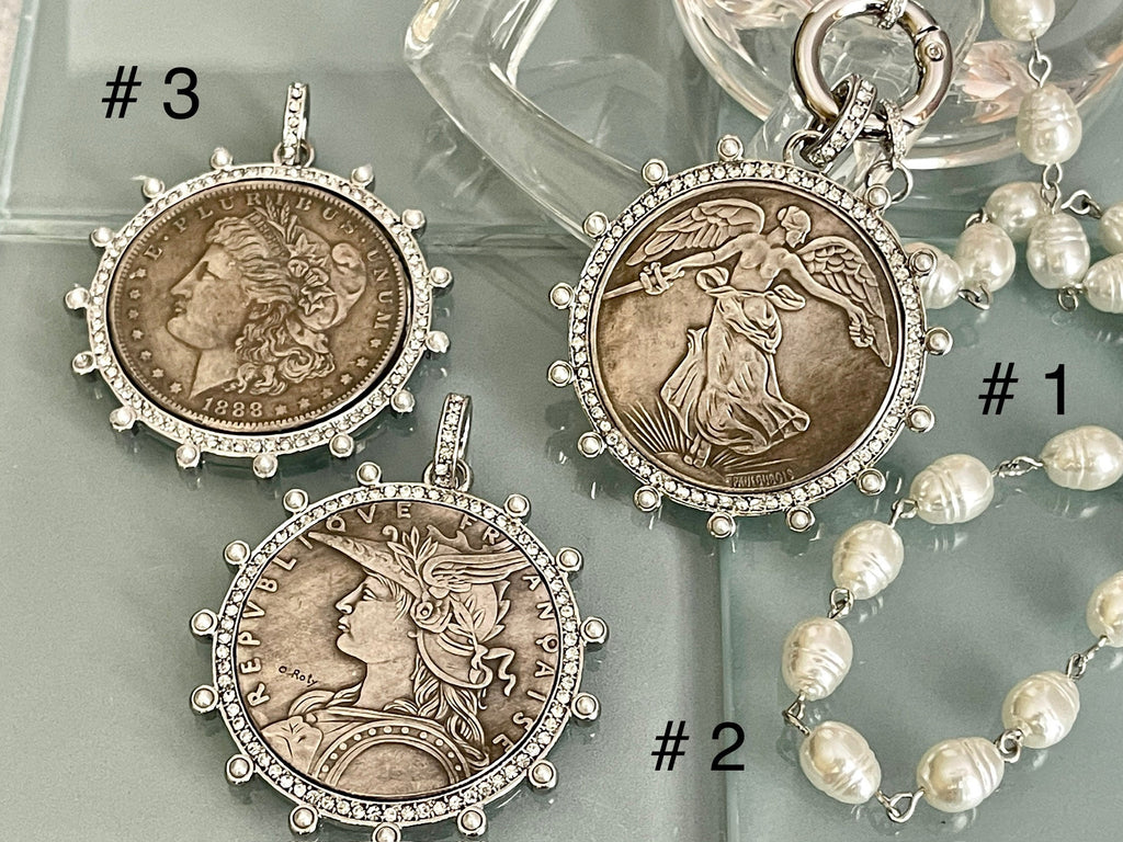 Silver Coin Pendant Necklace: Replica French Medal, CZ & Pearl Bezel