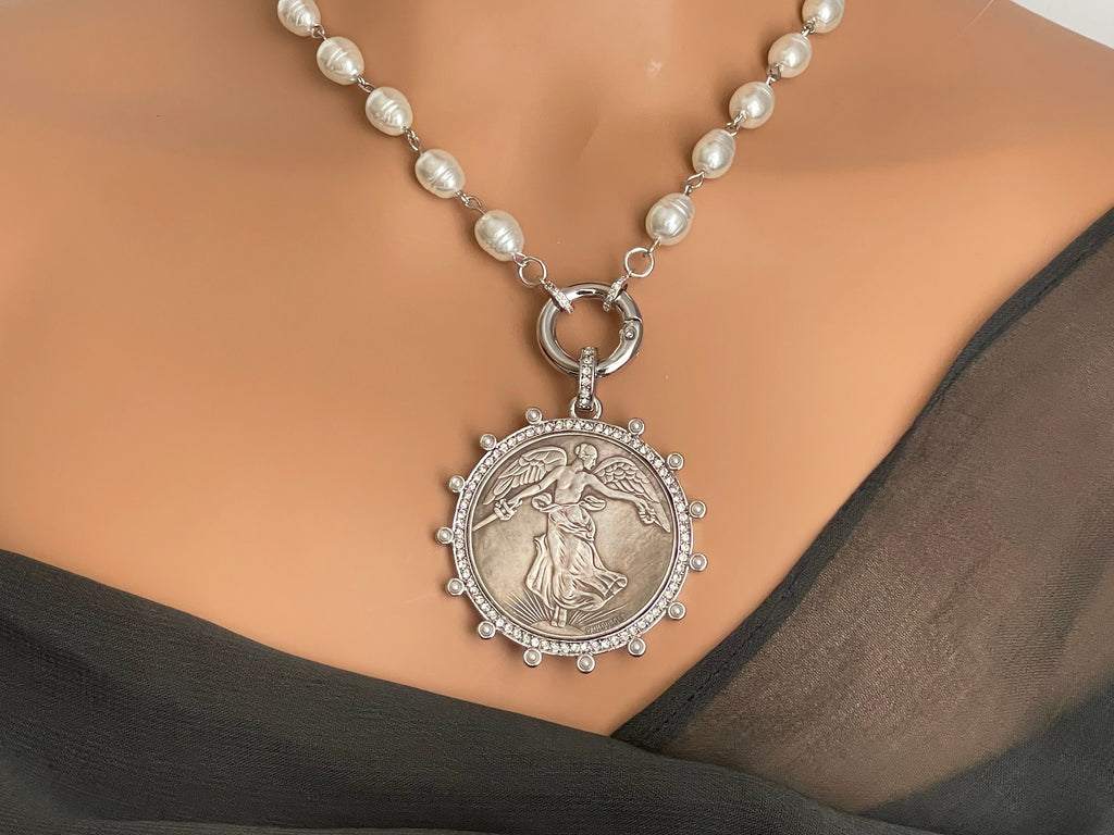 Silver Coin Pendant Necklace: CZ Bezel, Replica Pearl Chain