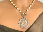 Silver Coin Pendant Necklace: CZ Bezel, Replica Pearl Chain