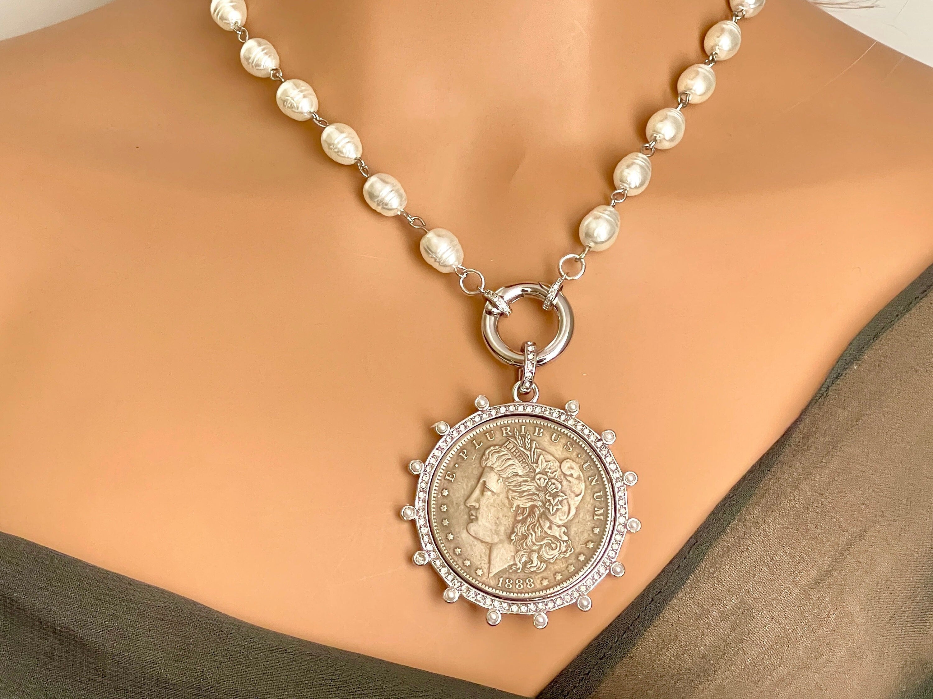 Silver Reproduction Coin Pendant-Porcelain Replica Pearl Necklace-Choice Of 3 Coins-Bezel w/Pearl and CZ-Silver CZ Spring Lock Clasp