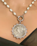 Silver Reproduction Coin Pendant-Porcelain Replica Pearl Necklace-Choice Of 3 Coins-Bezel w/Pearl and CZ-Silver CZ Spring Lock Clasp