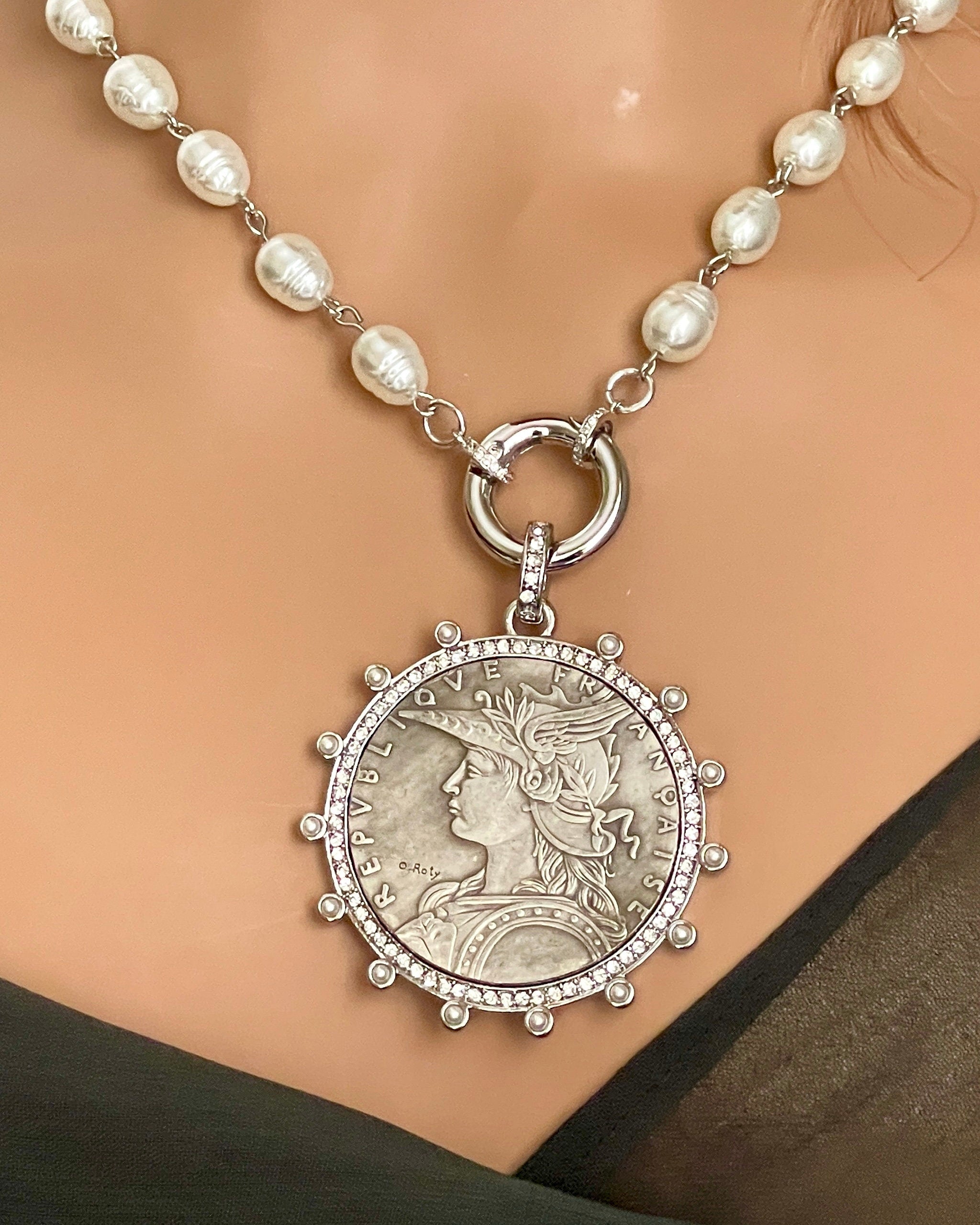 Reproduction Coin Pendant Necklace: CZ & Pearl Bezel, Silver Clasp