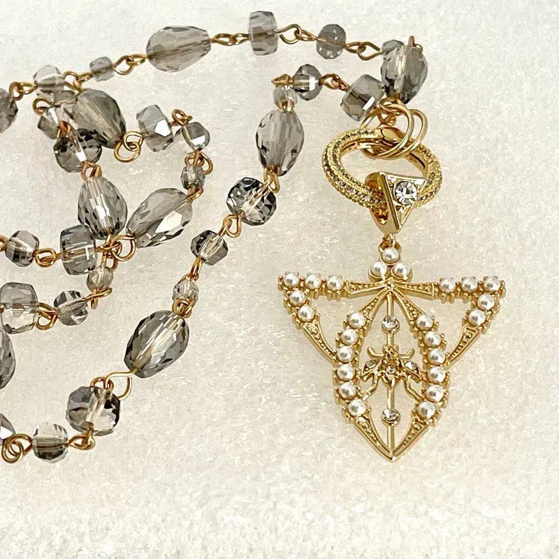 Crystal Transparent Rosary Chain-Edwardian Paste Fly Pendant-Gold Pearl Pendant Necklace-Micro Pave Spring Lock Clasp-Removable Pendant