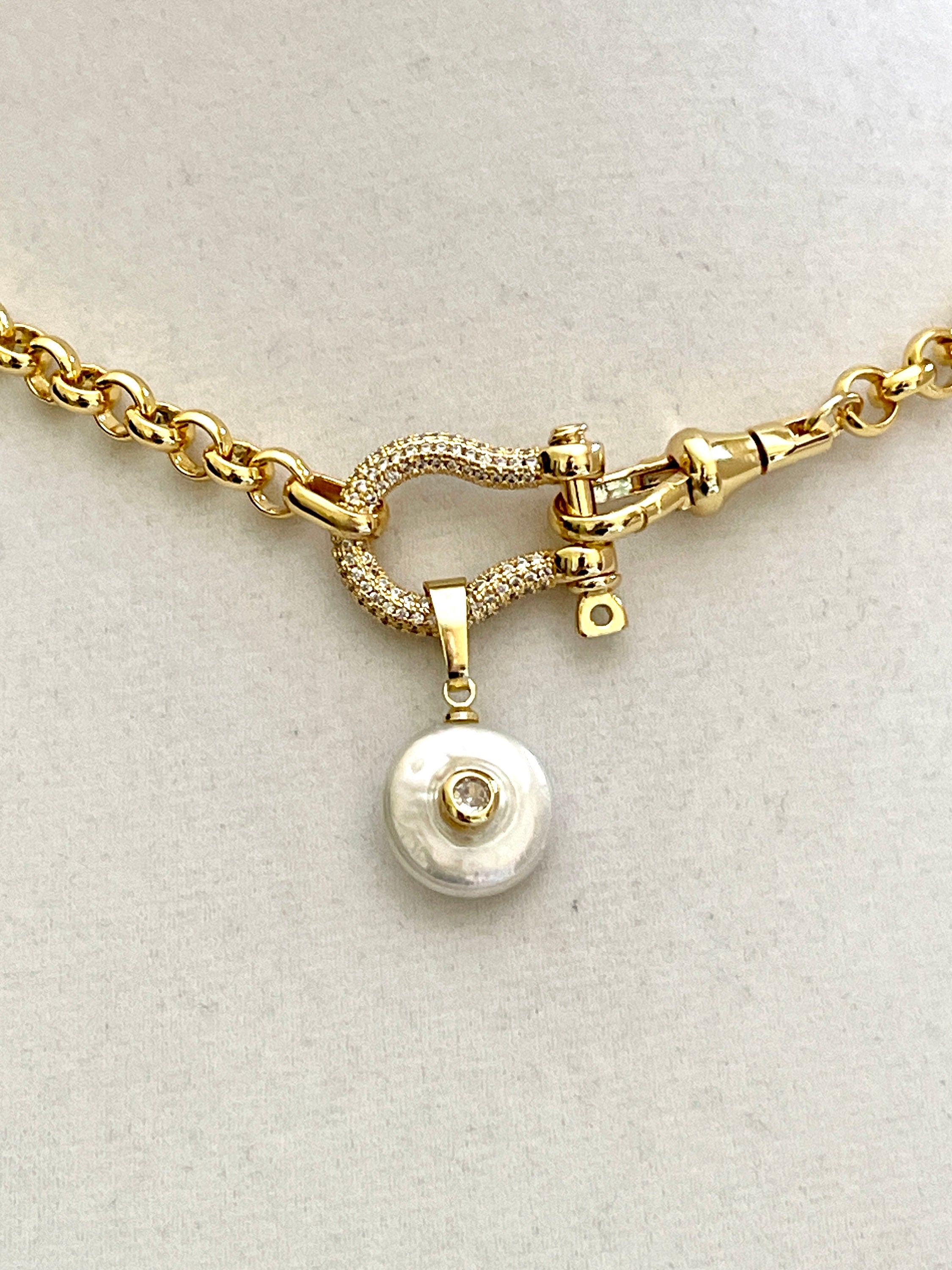 Gold Rolo Chain Necklace, Pave Shackle, CZ Pearl Pendant