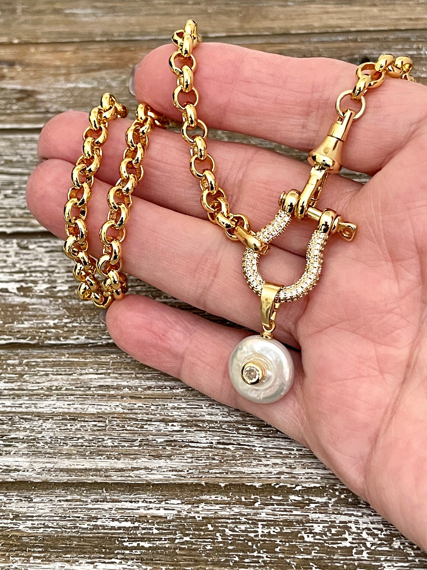 Carabiner Shackle Chain Necklace-Gold Pave Shackle Necklace-CZ Pearl Pendant-Choker Chain Necklace-Gold Plated Rolo Chain-Lobster Closure