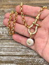 Carabiner Shackle Chain Necklace-Gold Pave Shackle Necklace-CZ Pearl Pendant-Choker Chain Necklace-Gold Plated Rolo Chain-Lobster Closure