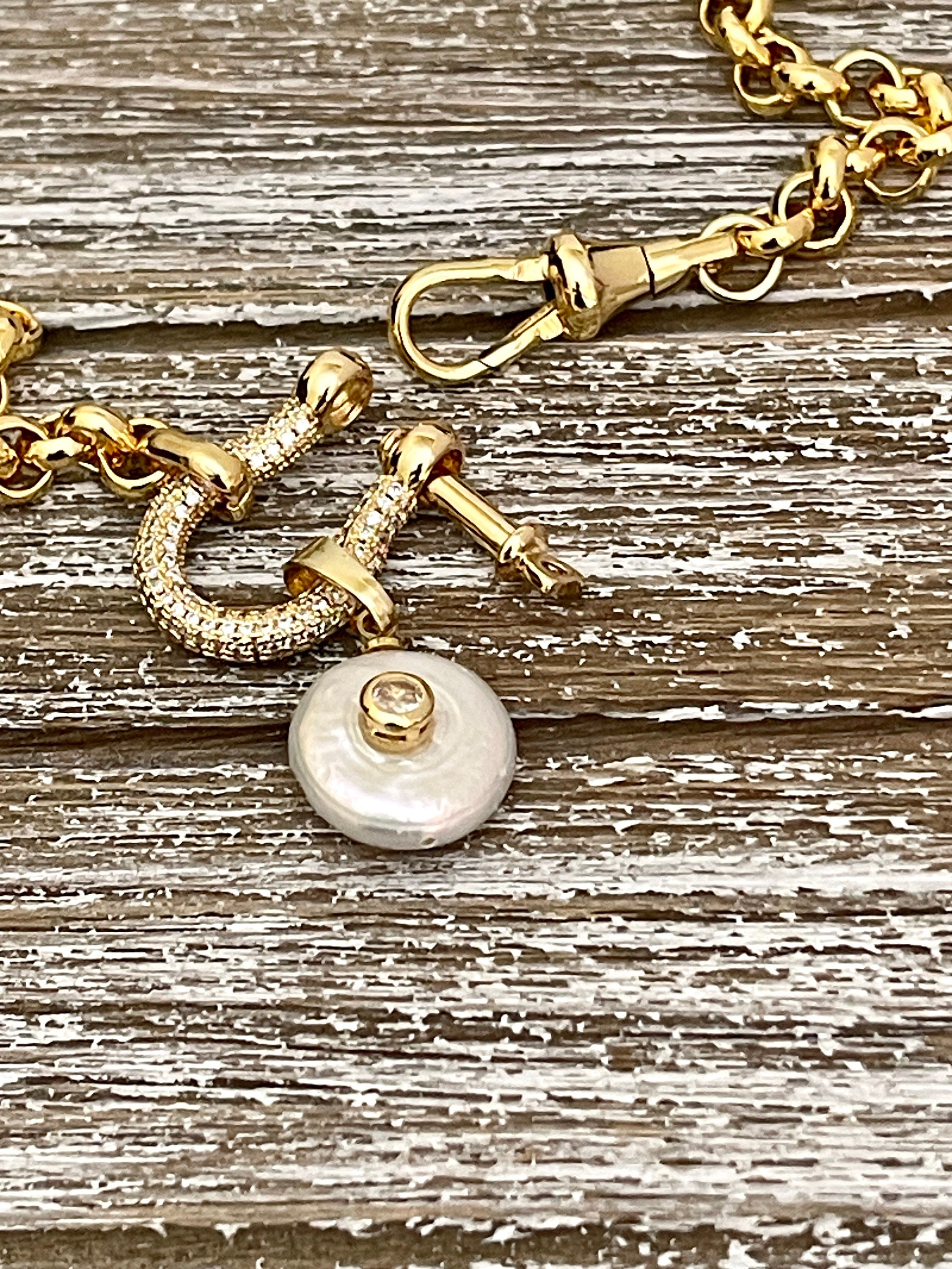 Gold Rolo Chain Necklace, Pave Shackle, CZ Pearl Pendant