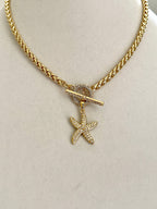 Gold Starfish Pendant Necklace – CZ Toggle Clasp, Wheat Rope Chain