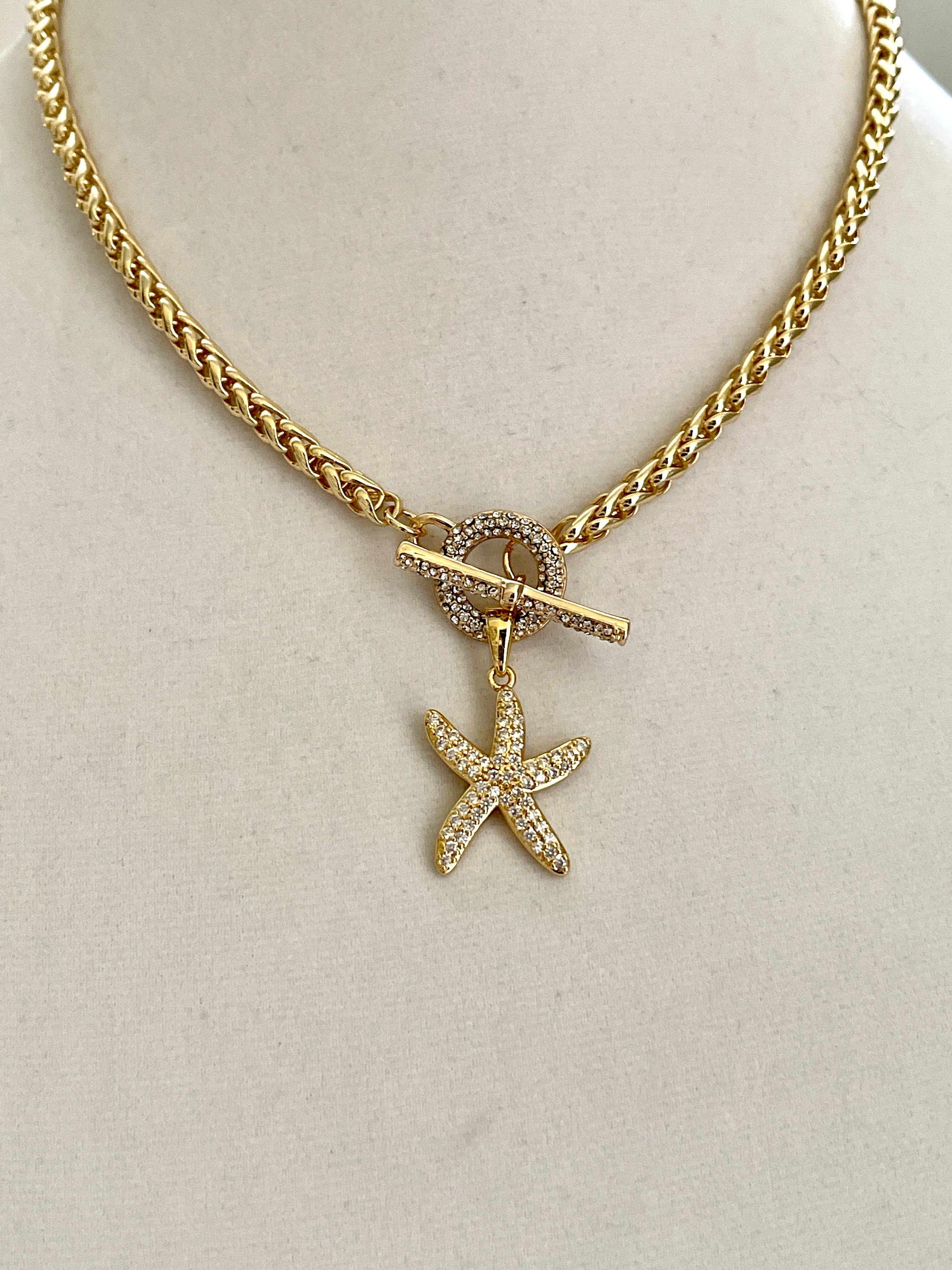 Gold Starfish Pendant Necklace – CZ Toggle Clasp, Wheat Rope Chain