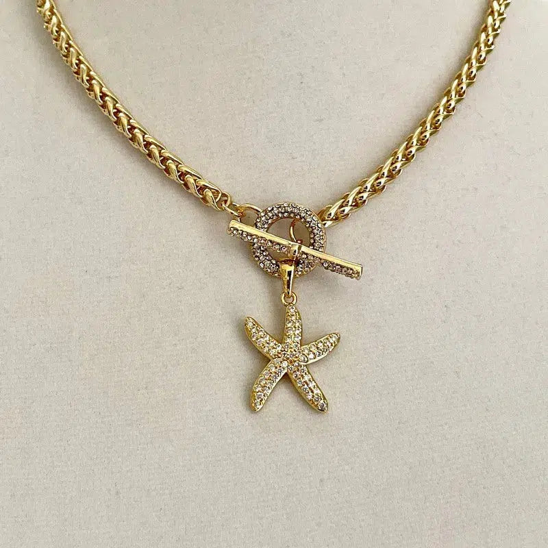 Gold Chunky Rope Chain Necklace-Micro Pave Starfish Pendant-Micro Pave Toggle Clasp-Wheat Rope Chain-Gift For Her