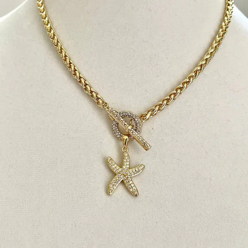 Gold Chunky Rope Chain Necklace-Micro Pave Starfish Pendant-Micro Pave Toggle Clasp-Wheat Rope Chain-Gift For Her