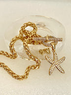 Gold Starfish Pendant Necklace – CZ Toggle Clasp, Wheat Rope Chain