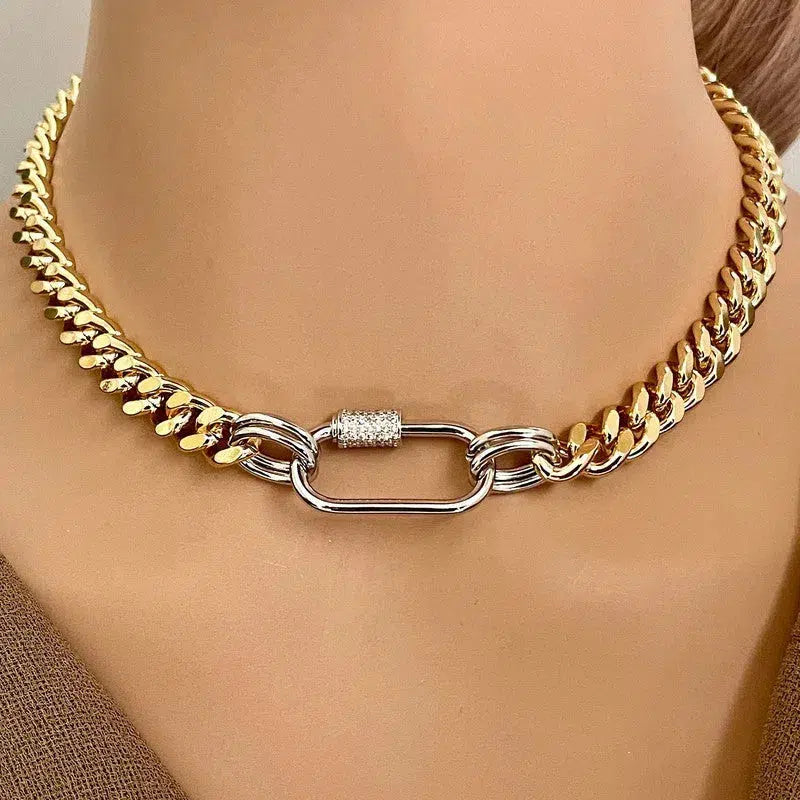 Gold Miami Cuban Chain Necklace-Curb Chain-Mixed Metal Jewelry-Silver Carabiner Clasp-Micro Pave Screw Carabiner-Minimalist Style