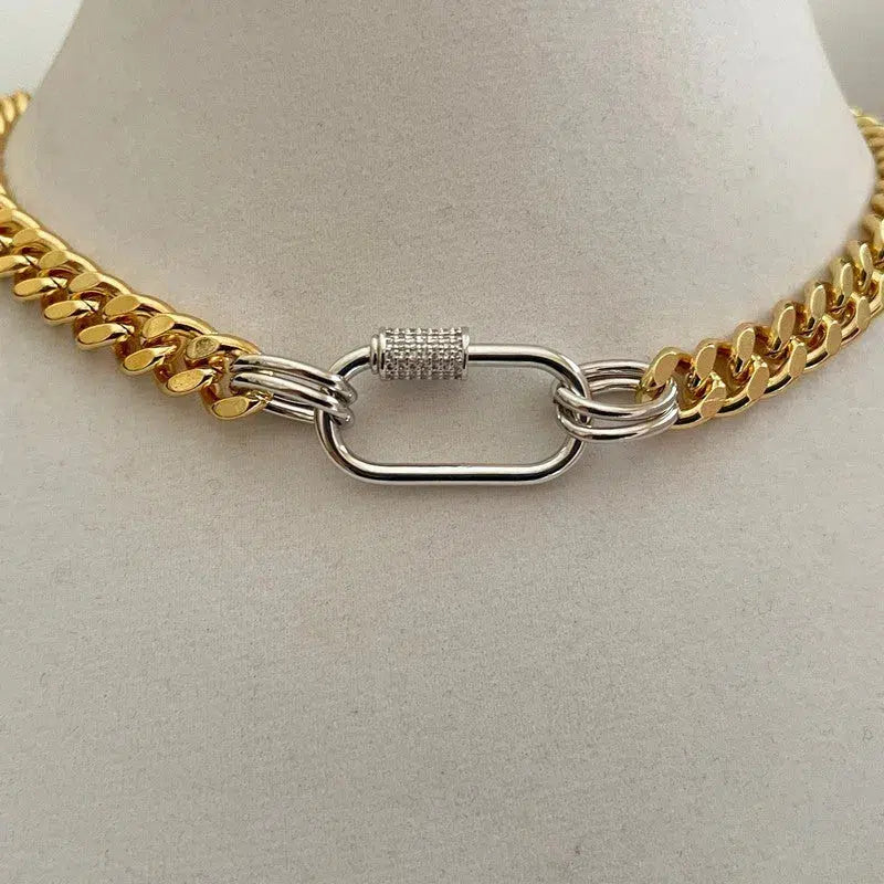 Gold Miami Cuban Chain Necklace-Curb Chain-Mixed Metal Jewelry-Silver Carabiner Clasp-Micro Pave Screw Carabiner-Minimalist Style