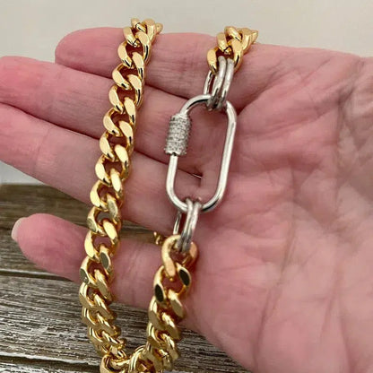 Gold Miami Cuban Chain Necklace-Curb Chain-Mixed Metal Jewelry-Silver Carabiner Clasp-Micro Pave Screw Carabiner-Minimalist Style