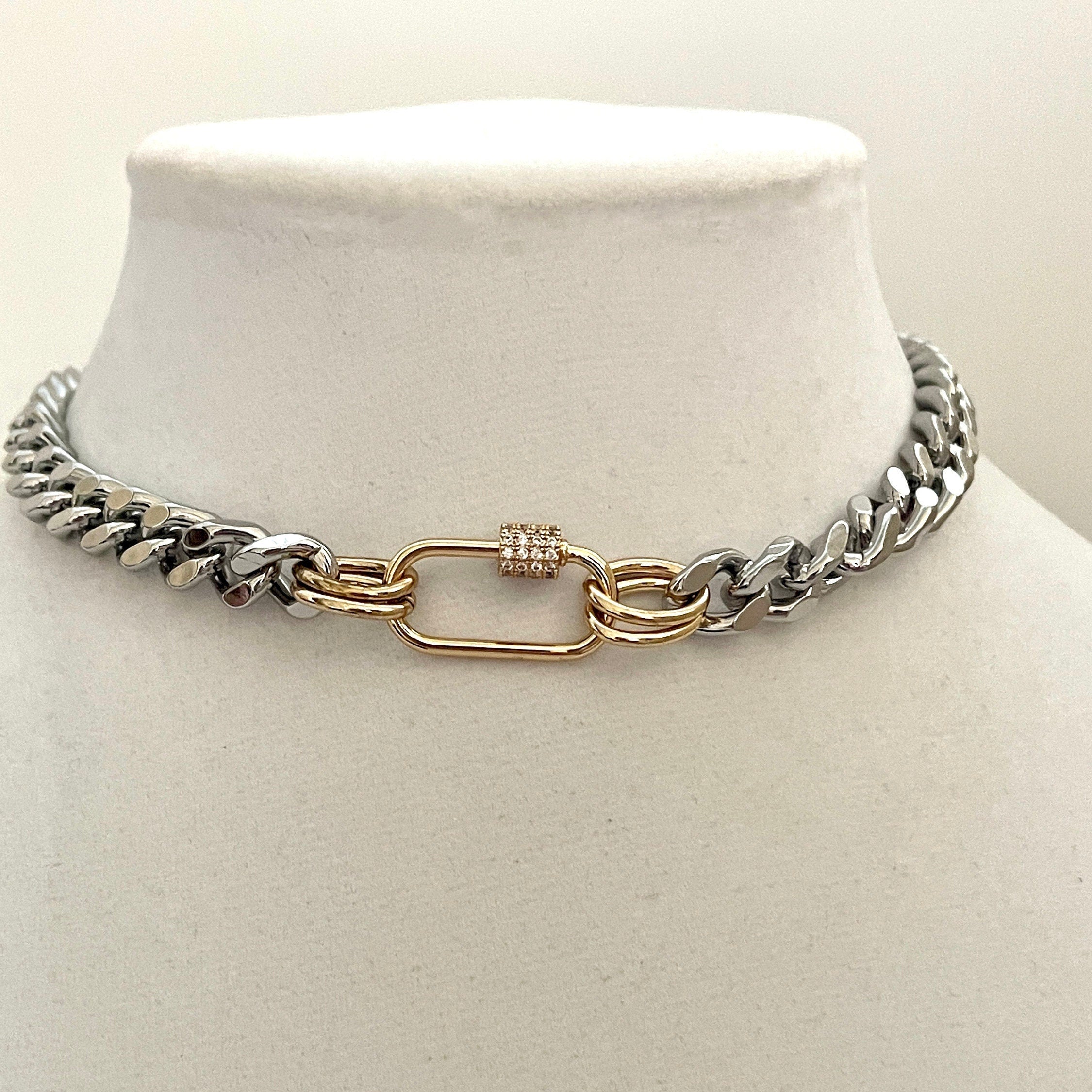 Silver Miami Cuban Chain Necklace – Gold Carabiner Clasp, Mixed Metal