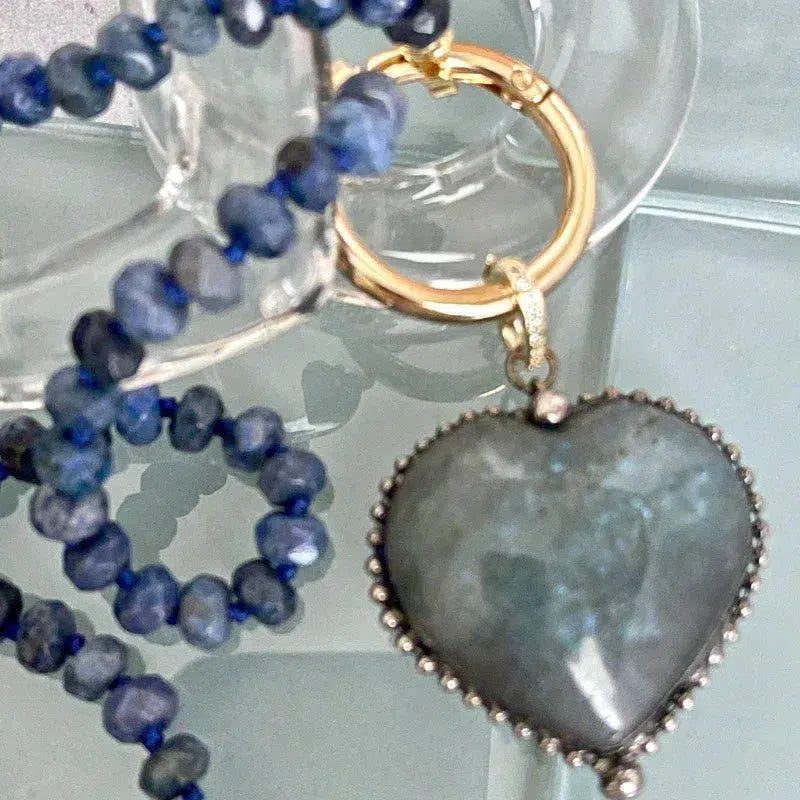 Lapis Lazuli Rondelle Necklace-Labradorite Heart Shaped Pendant-Semi-Precious Stones-17in length-Gold Spring Lock Clasp-Gift For Her