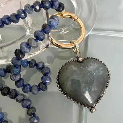 Lapis Lazuli Rondelle Necklace-Labradorite Heart Shaped Pendant-Semi-Precious Stones-17in length-Gold Spring Lock Clasp-Gift For Her