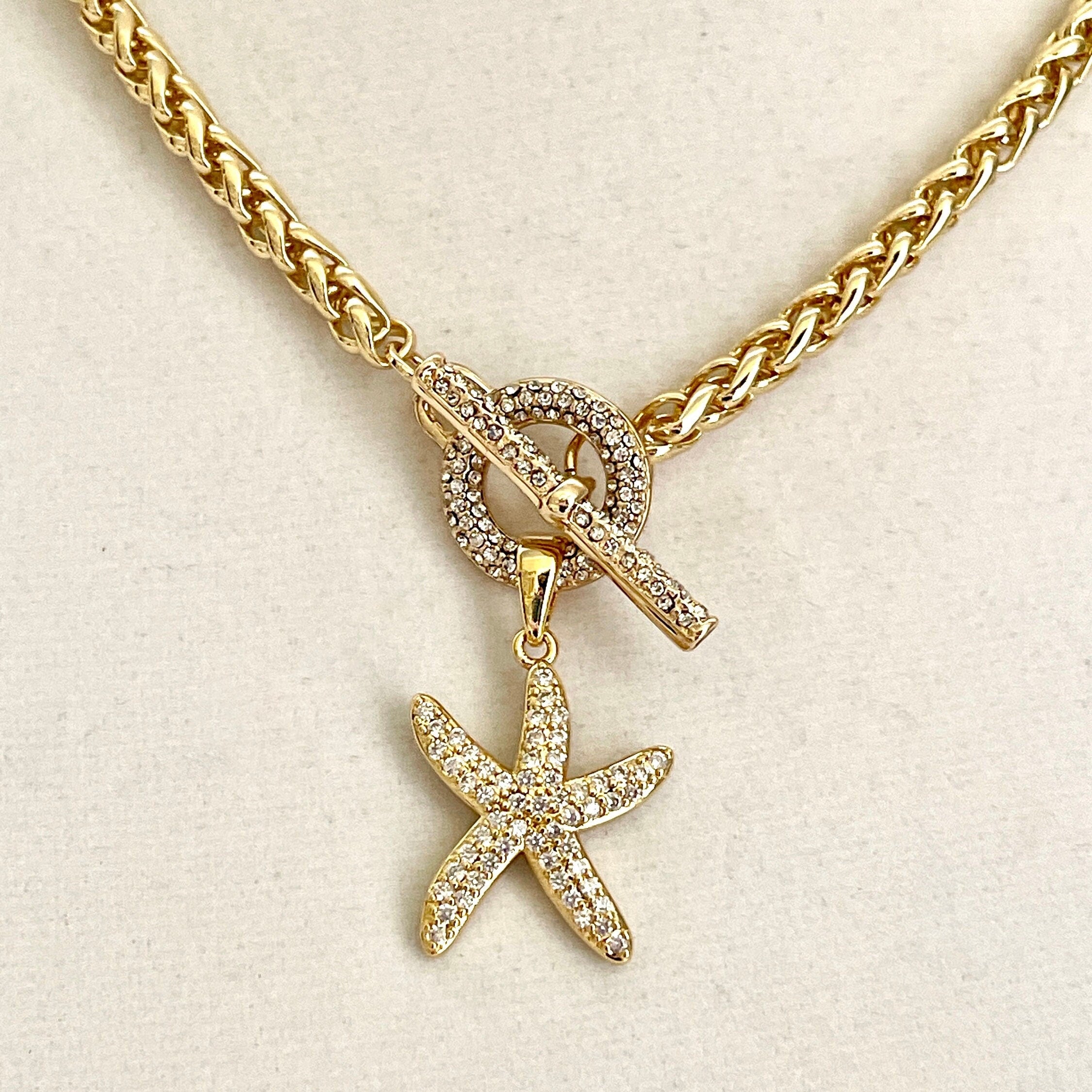 Gold Starfish Pendant Necklace – CZ Toggle Clasp, Wheat Rope Chain