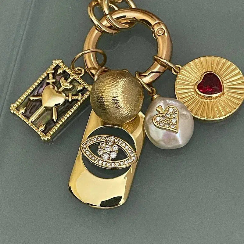 Gold Paperclip Charm Necklace-5 Charms-Fresh Water Pearl-Evil Eye Charm-Coat of Arms- Ball Charm-Ruby Heart Radial Charm-Spring Clasp